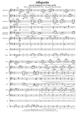 Allegretto (aus der Symphonie Nr. 3 F-Dur, op. 90), Johannes Brahms, Hans Peter Klein, Akkordeonorchester, Klassiker, 3. Satz, 3. Sinfonie, leicht-mittelschwer, Akkordeon Noten