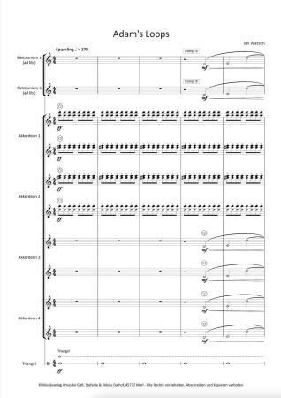 Adam's Loops, Ian Watson, Akkordeon-Orchester, Auftragskomposition, inspiriert durch John Adams, 18. Eidgenössische Akkordeon Musikfest, Oberstufe, schwer, Wertungsstück, Wettbewerbsliteratur, Originalkompostion, Originalmusik, Akkordeon Noten, Probeseite