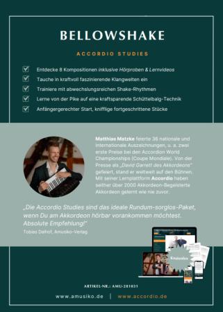 Preview: BellowShake | Accordio Studies Preview: BellowShake, Matthias Matzke, Spielheft für Akkordeon-Solo, viele spieltechnische Hinweise, mit Online-Material, Schüttelbalg-Technik, Balgarbeit, 8 Kompositionen, leicht-schwer, für Anfänger und Fortgeschrittene, Akkordeon Noten, Cover Rückseite