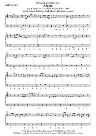 Allegro aus "Konzert für 2 Violinen d-Moll", Gottfried Humml, Akkordeon-Duo, Standardbass MII, Spielstück, mittelschwer, Akkordeon Noten, Beispielseite