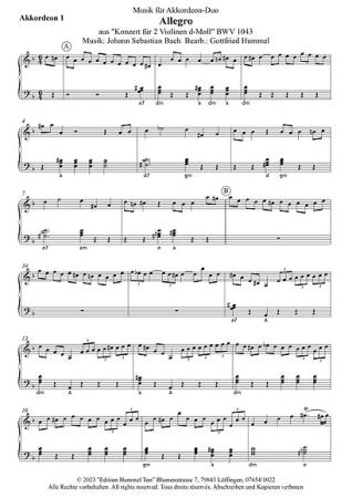 Allegro aus "Konzert für 2 Violinen d-Moll", Gottfried Humml, Akkordeon-Duo, Standardbass MII, Spielstück, mittelschwer, Akkordeon Noten, Notenbeispiel
