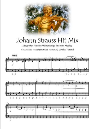 Johann Strauss Hit Mix, Johann Strauss, Gottfried Hummel, Akkordeon-Solo, Standardbass MII, Klavier, Keyboard, Medley, Potpourri, mittelschwer, Akkordeon Noten, Blick in die Noten