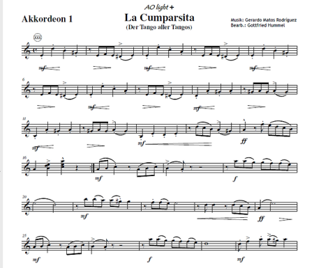 La Cumparsita, Tango, Gerardo Matos Rodriguez, Gottfried Hummel, Akkordeonorchester, Klassiker, leicht-mittelschwer, Easy-Stimme, Akkordeon Noten
