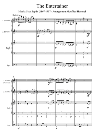 The Entertainer, Scott Joplin, Gottfried Hummel, Kammermusik, 2 Melodieinstrumente (in C hoch & tief, Bb, Es, C (Bass-Schlüssel)), Begleitstimme (Akkordeon oder Klavier), Bass, Ragtime-Klassiker, Filmmusik, Soundtrack, Straßenmusik, Konzertsaal, leicht-mi