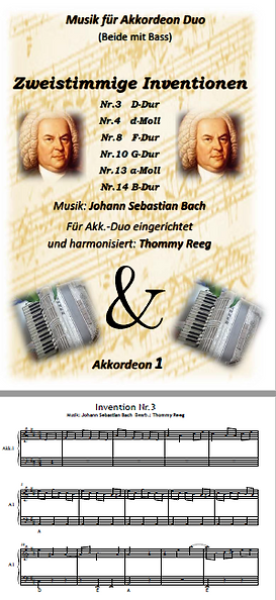 Zweistimmige Inventionen von Bach, Johann Sebastian Bach, Thommy Reeg, Akkordeon-Duo, Standardbass MII, Spielheft, Spielstücke, Klassiker, leicht-mittelschwer, Akkordeon Noten