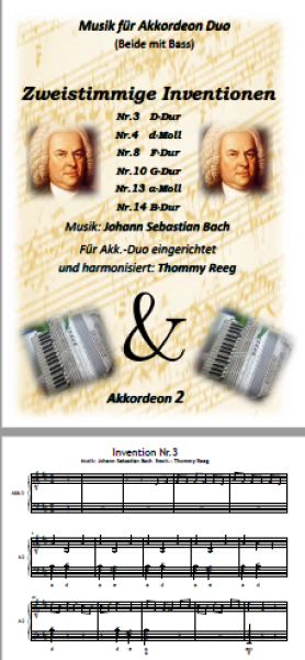 Zweistimmige Inventionen von Bach, Johann Sebastian Bach, Thommy Reeg, Akkordeon-Duo, Standardbass MII, Spielheft, Spielstücke, Klassiker, leicht-mittelschwer, Akkordeon Noten