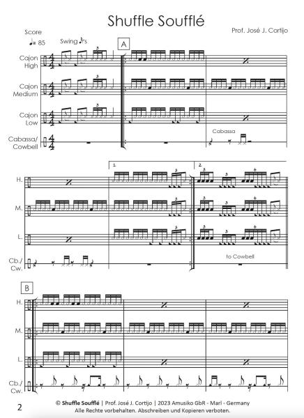 Shuffle Soufflé, Prof. José J. Cortijo, Cajón-Ensemble, Cajón-Quartett, mittelschwer, Originalkomposition, Cajón Noten, Beispielseite