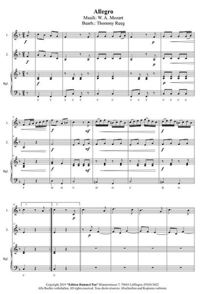 Die Kegelduette, Wolfgang Amadeus Mozart Thommy Reeg Kammermusik-Spielheft, 2 Melodieinstrumente (in C, Bb, Es, C (Bass-Schlüssel)), Begleitstimme (Akkordeon oder Klavier), mittelschwer, Kammermusik Noten, Einblick in die Noten