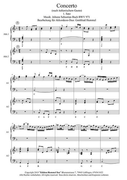 Italienisches Konzert, 1. Satz, Johann Sebastian Bach, Gottfried Humml, Akkordeon-Duo, Standardbass MII, Spielstück, Klassiker, mittelschwer, Akkordeon Noten, Probeseite