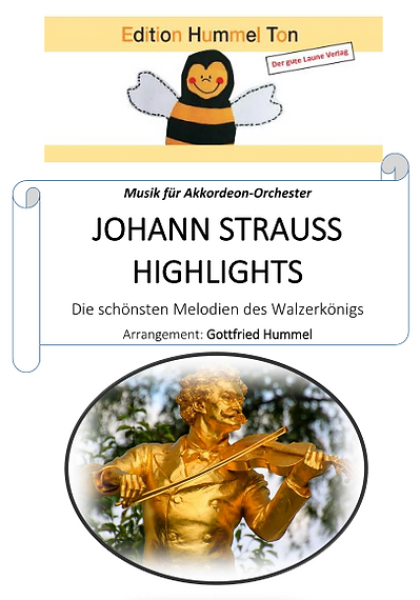 Johann Strauss Highlights, Johann Strauss, Gottfried Hummel, Akkordeonorchester, Medley, Potpourri, Welthits, Megahits, leicht-mittelschwer, Akkordeon Noten, Cover