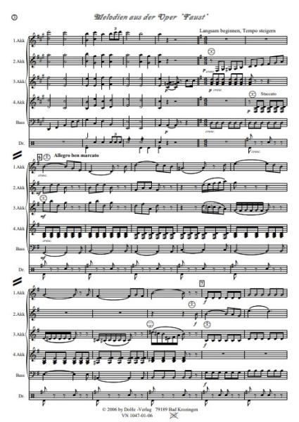 Melodien aus der Oper Faust, Charles Gounod, Werner Heetfeld, Akkordeon-Orchester, Medley, Potpourri, mittelschwer, Akkordeon Noten, Beispielseite