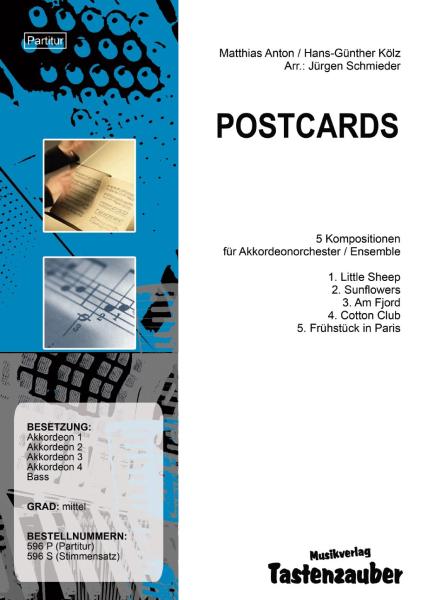 Postcards, Matthias Anton, Hans-Günther Kölz, Jürgen Schmieder, Akkordeon-Orchester, Akkordeon-Ensemble, mittelschwer, musikalische Postkarte, Akkordeon Noten