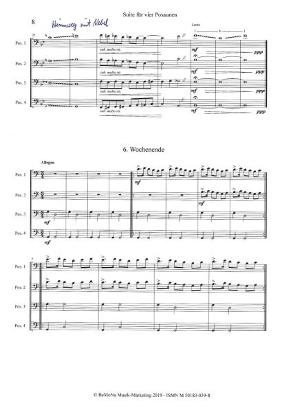 Suite für 4 Posaunen, Bernd Nawrat, Posaunenquartett, Suite in 6 Sätzen, schwer, anspruchsvoll, Posaunen Noten, Originalkomposition, Originalmusik, Probeseite