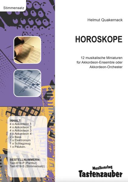 Horoskope, Helmut Quakernack, Akkordeon-Orchester, Akkordeon-Ensemble, Sternzeichen, 12 musikalische Miniaturen, mittelschwer-schwer, Akkordeon Noten, Stimmensatzdeckblatt