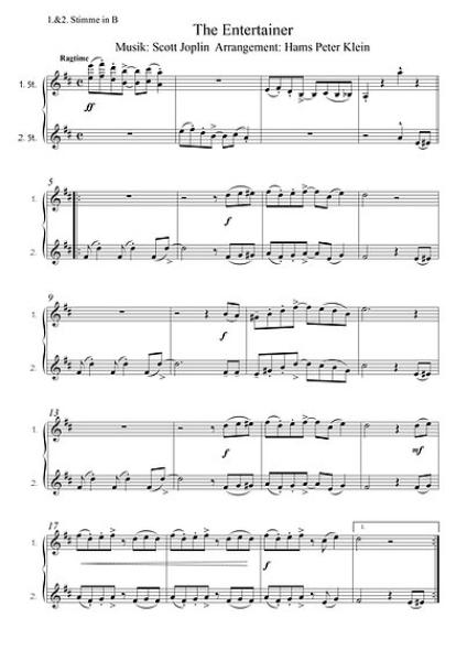 The Entertainer, Scott Joplin, Gottfried Hummel, Kammermusik, 2 Melodieinstrumente (in C hoch & tief, Bb, Es, C (Bass-Schlüssel)), Begleitstimme (Akkordeon oder Klavier), Bass, Ragtime-Klassiker, Filmmusik, Soundtrack, Straßenmusik, Konzertsaal, leicht-mi